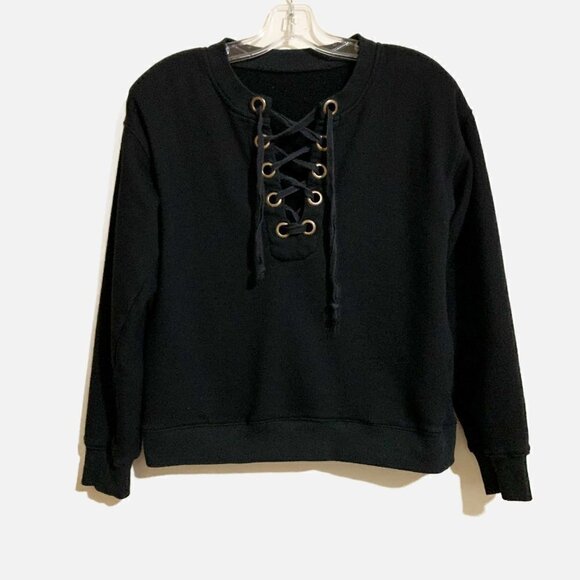 Storia Black Cotton Lace Up Crew Neck Sweater - Picture 1 of 4